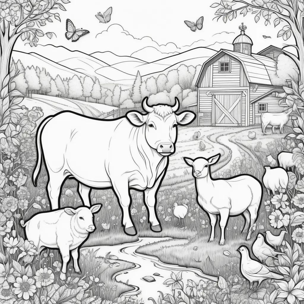 Farm Animals Coloring Pages - A collection of drawings featuring cows, sheep, and birds