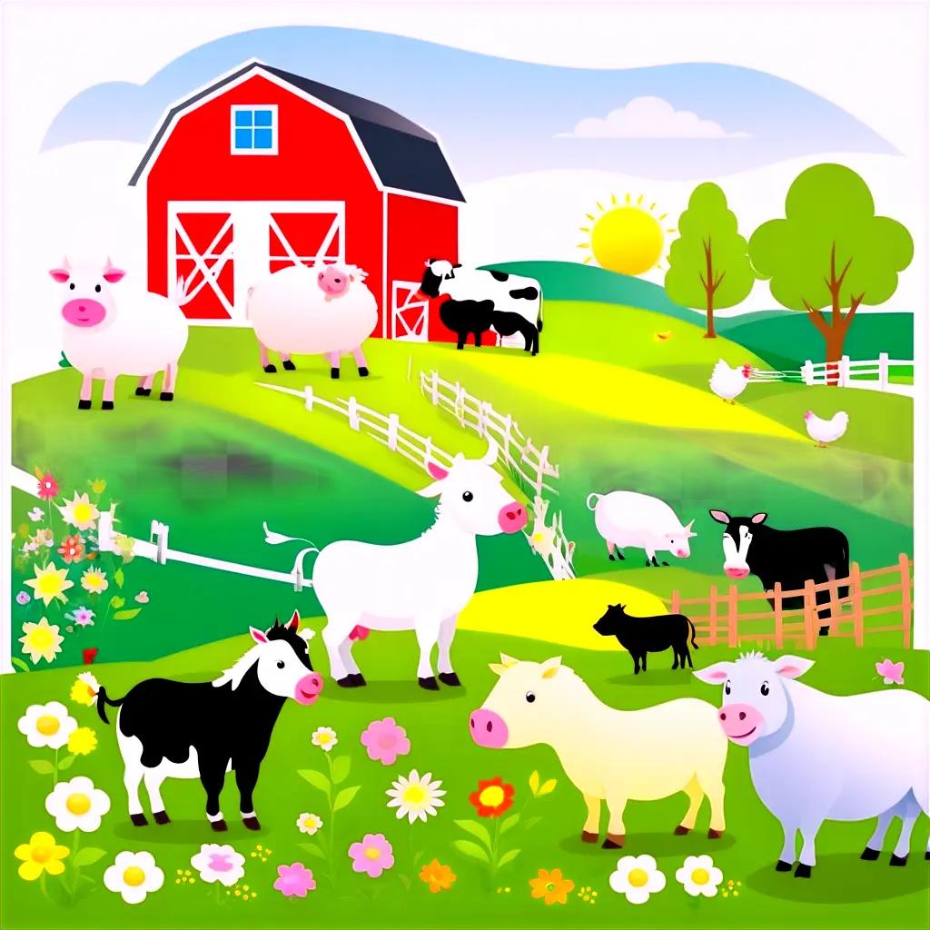 Farm animal clipart: a group of cows and chickens