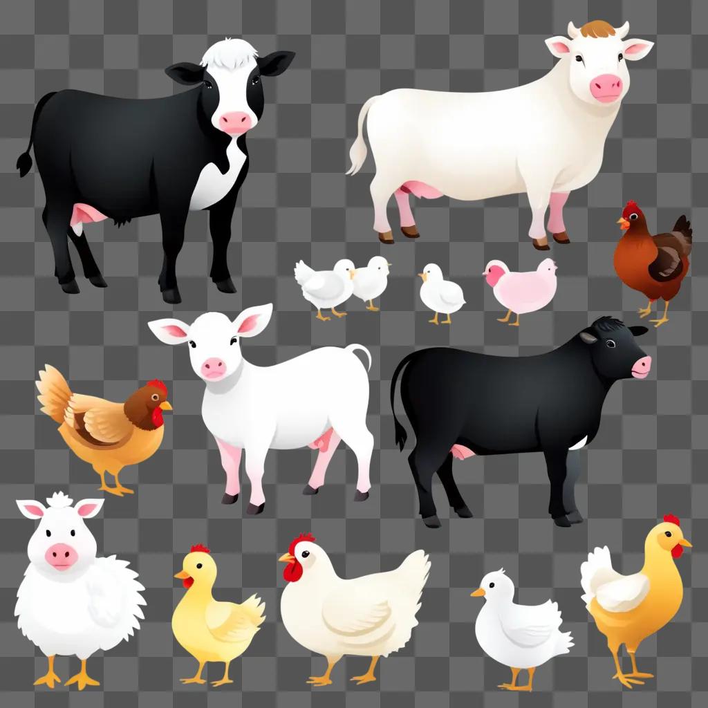 Farm animal clipart on a dark background