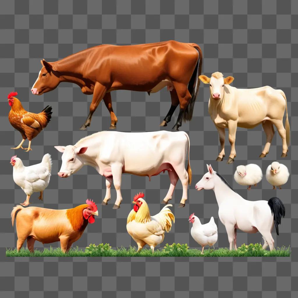 Farm animal clipart with a cow, chicken, and horse