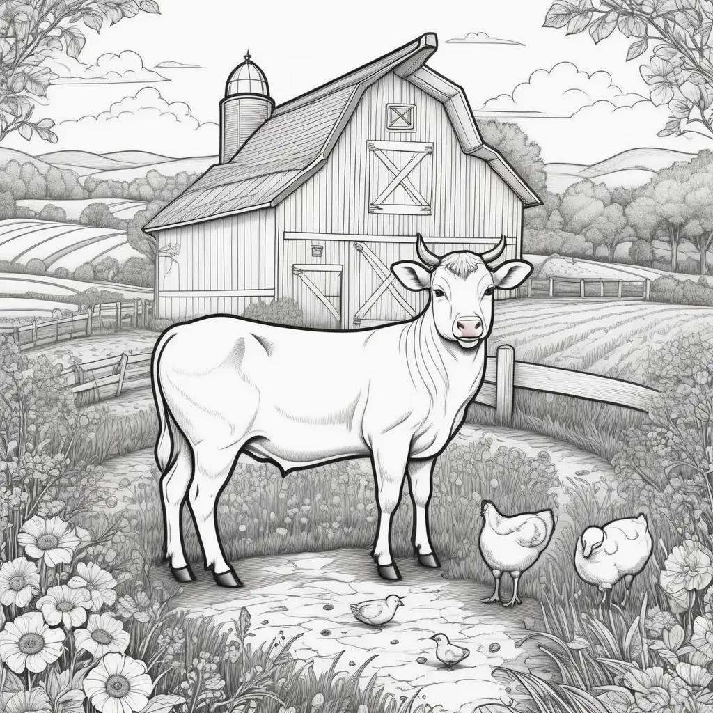 Farm animal coloring pages featuring a cow, chickens, and a barn