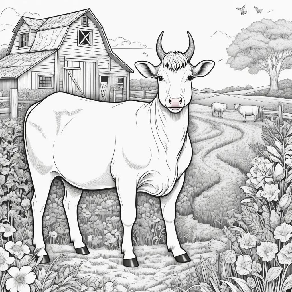 Farm animal coloring pages featuring a cow and barn