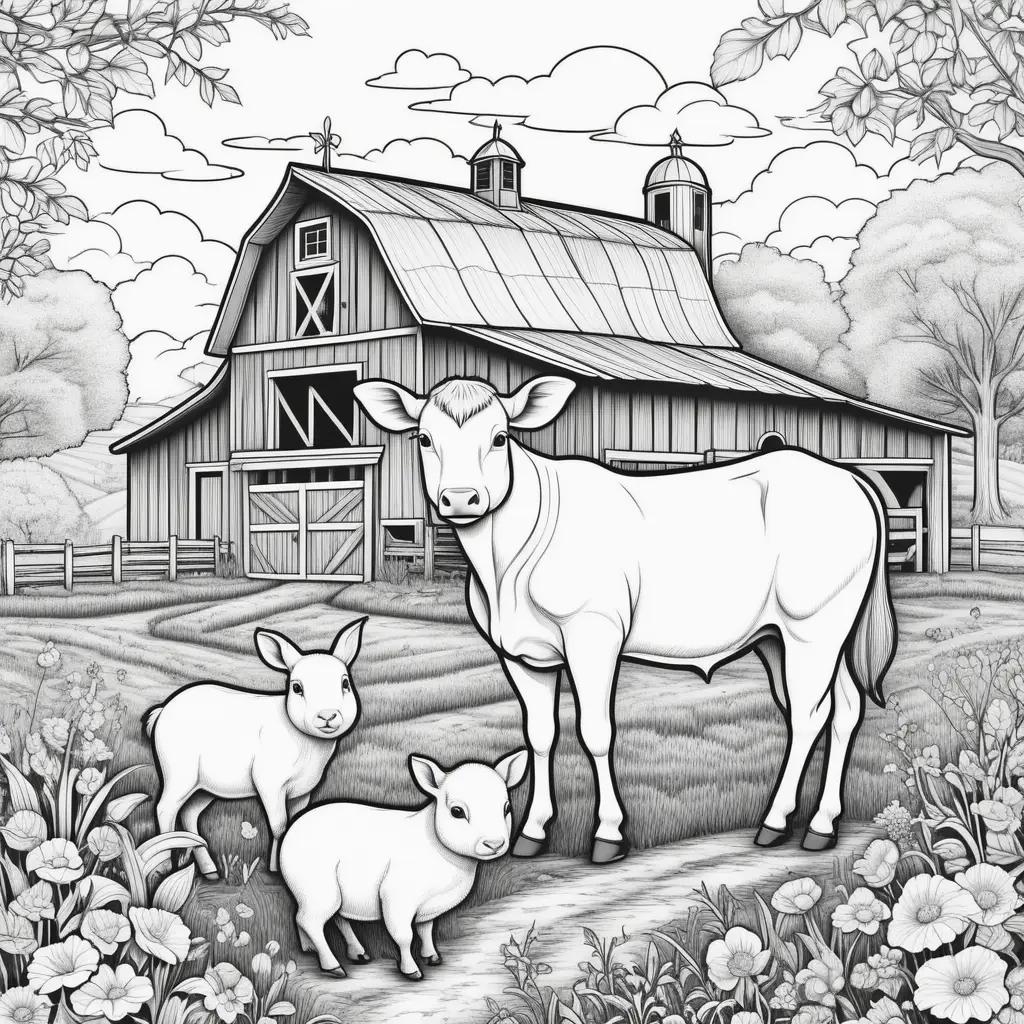 Farm animal coloring pages featuring a cow and lambs