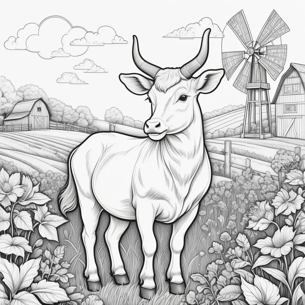 Farm animal coloring pages of a white cow with horns