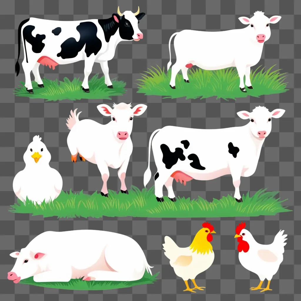 Farm animals, including cows and chickens, in a green field