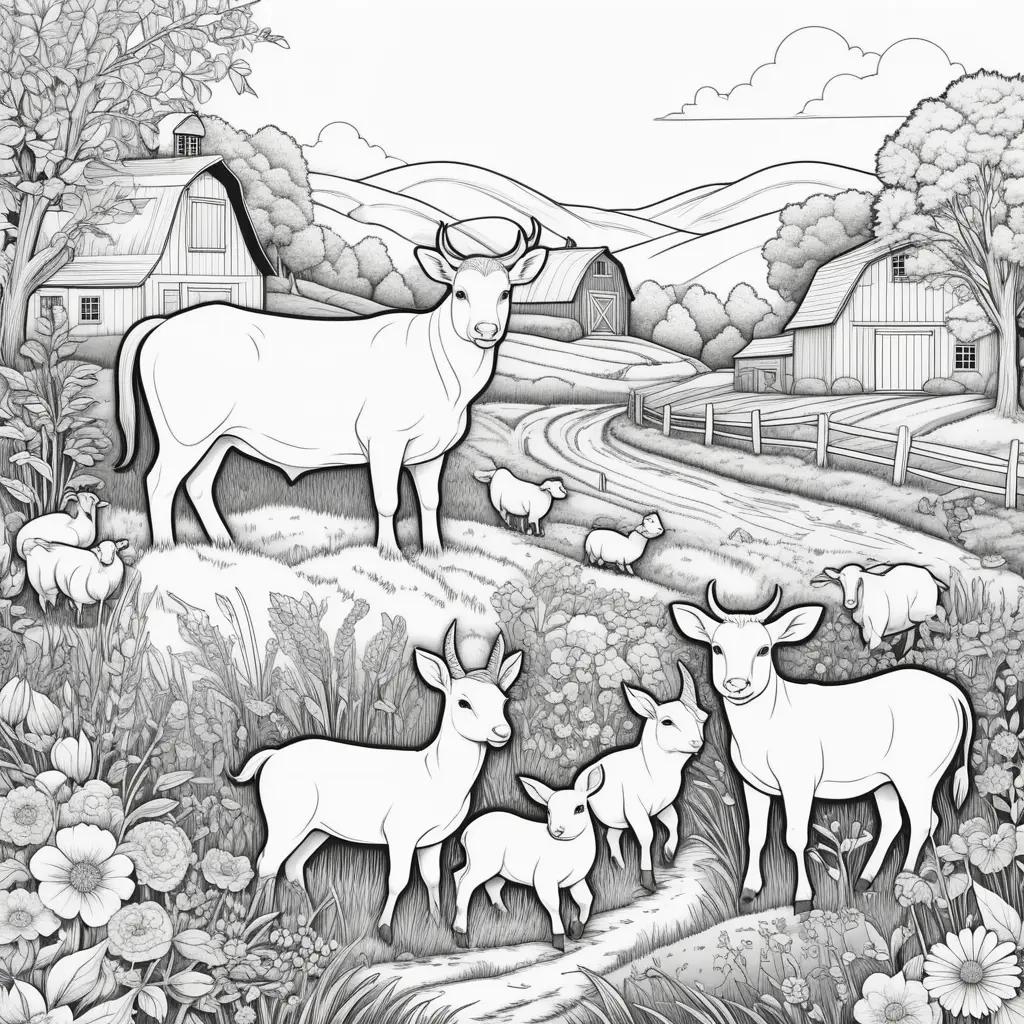 Farm animals coloring pages show a herd of animals in a field