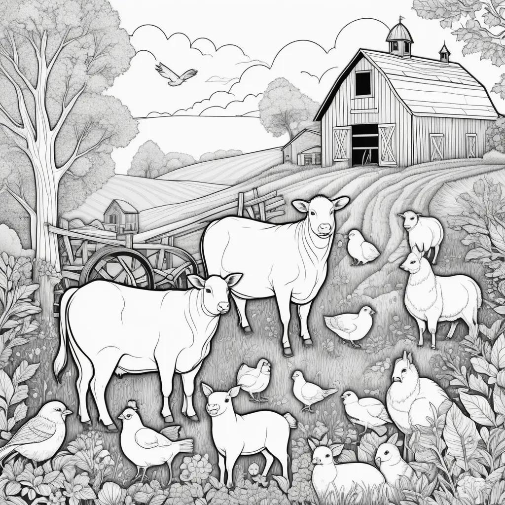 Farm animals coloring pages with chickens, cows, and birds