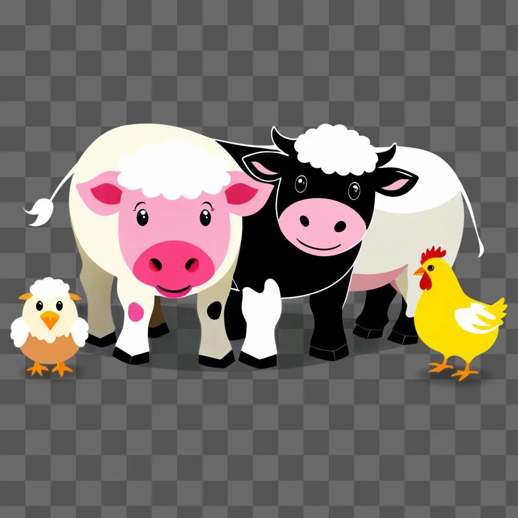 Farm animals in cartoon on a plain background