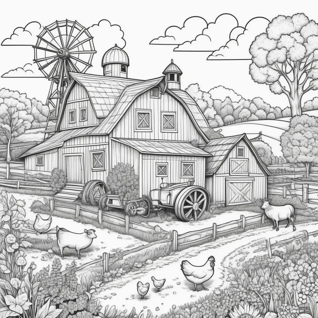 Farm coloring pages, black and white, animals, windmill, and barn