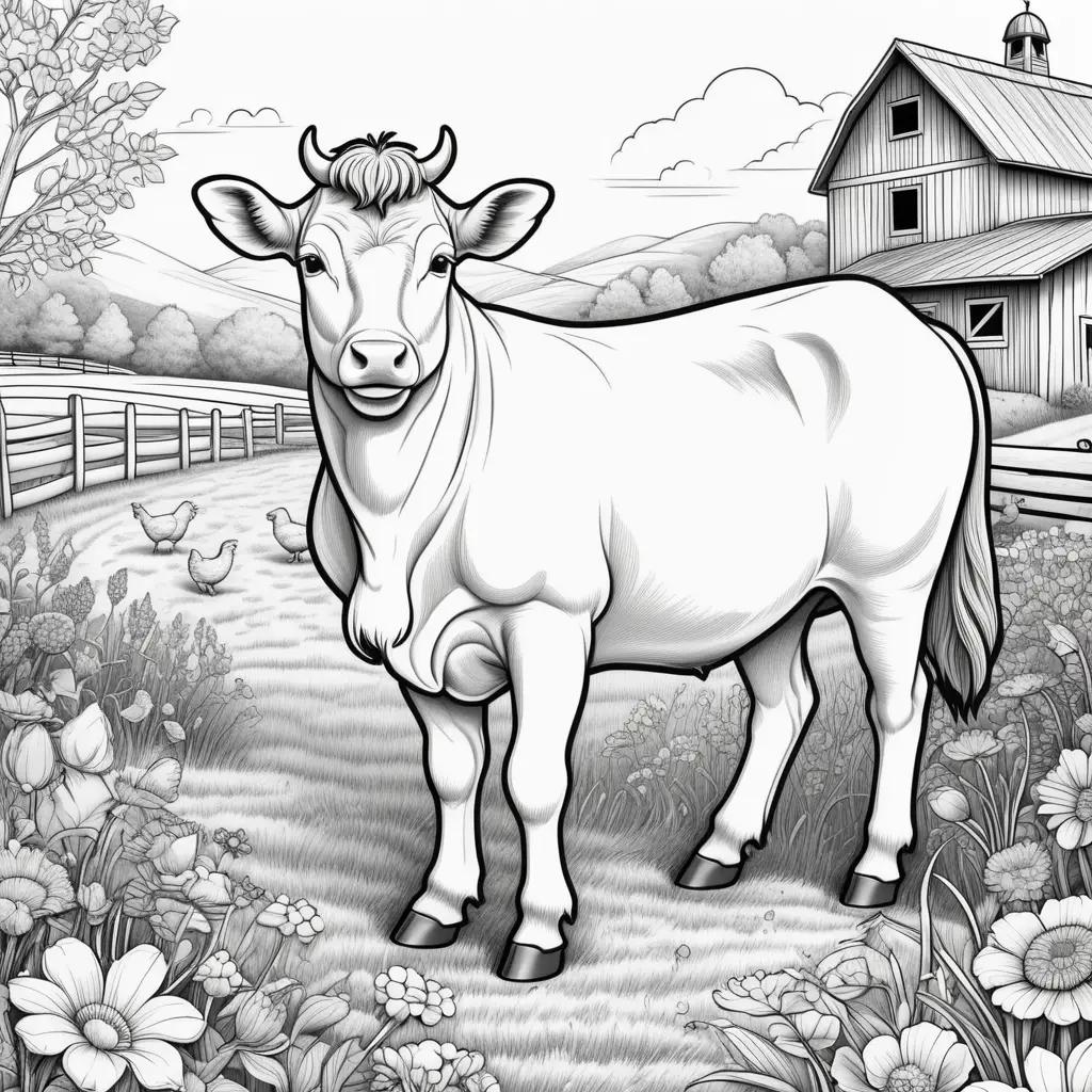 Farm coloring pages feature a cow and chickens