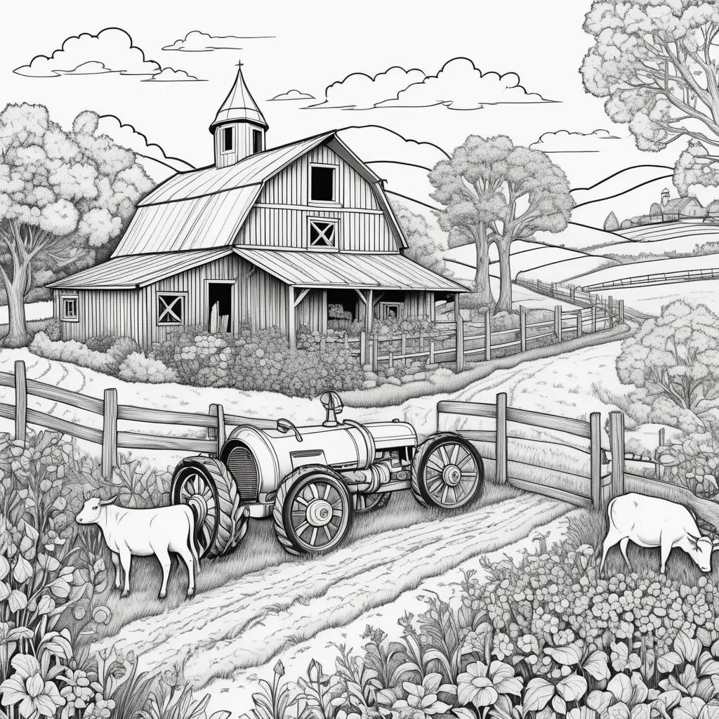 Farm coloring pages feature a cow and tractor