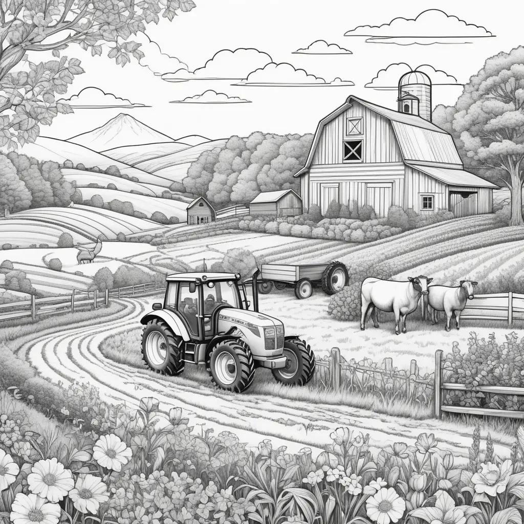 Farm coloring pages featuring a tractor and cows