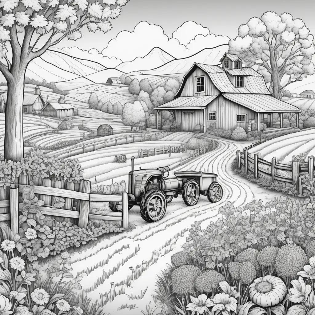 Farm coloring pages with a tractor and a barn