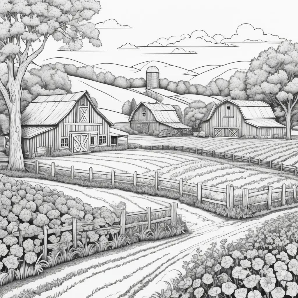 Farm coloring pages with farm buildings and flower fields