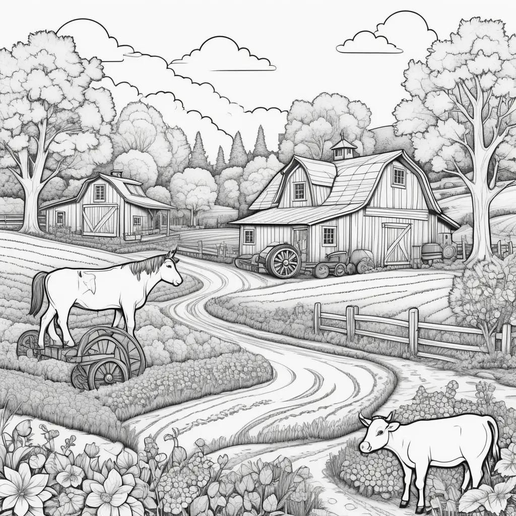 Farm coloring pages with horses and cows