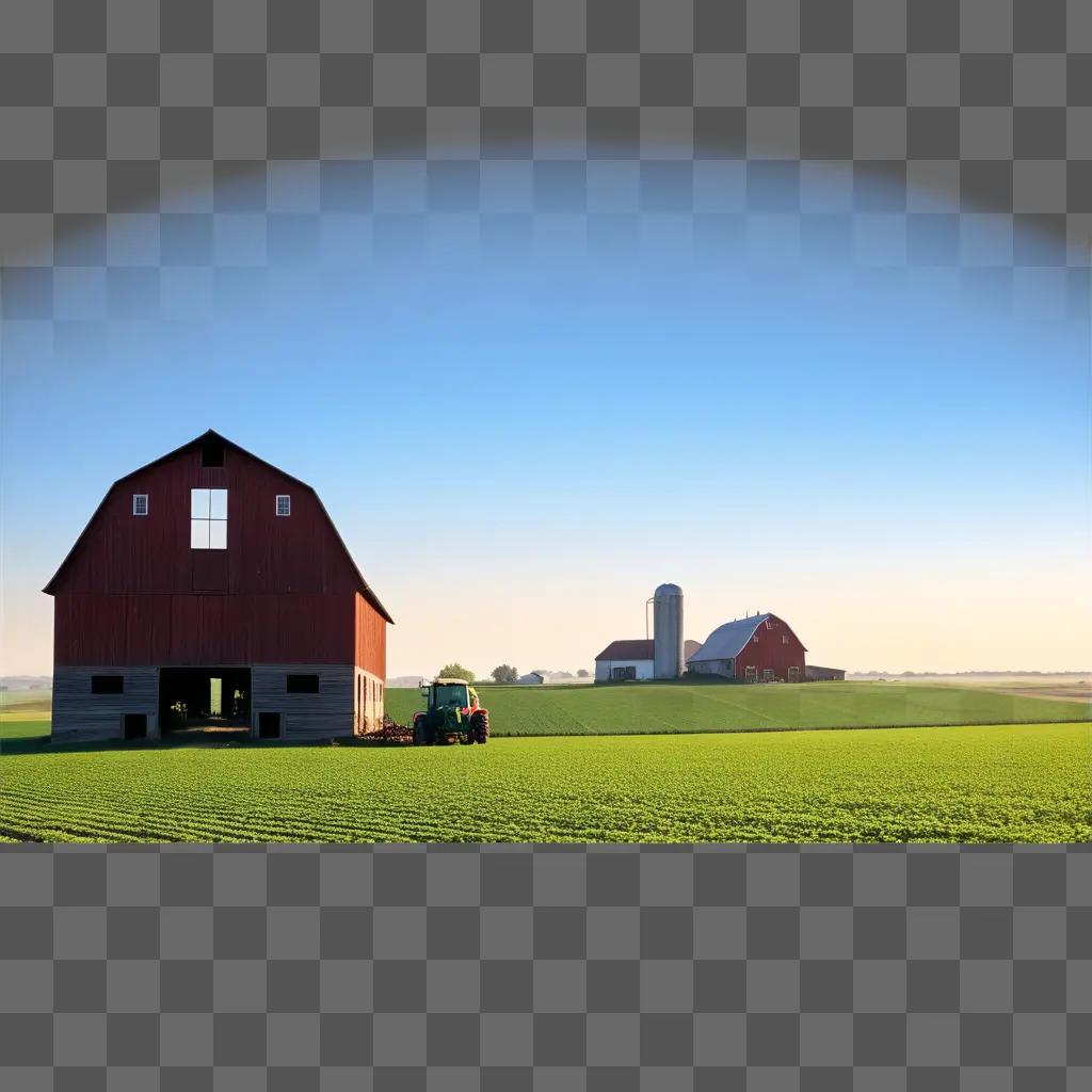 Farm equipment in a green field under a rainbow