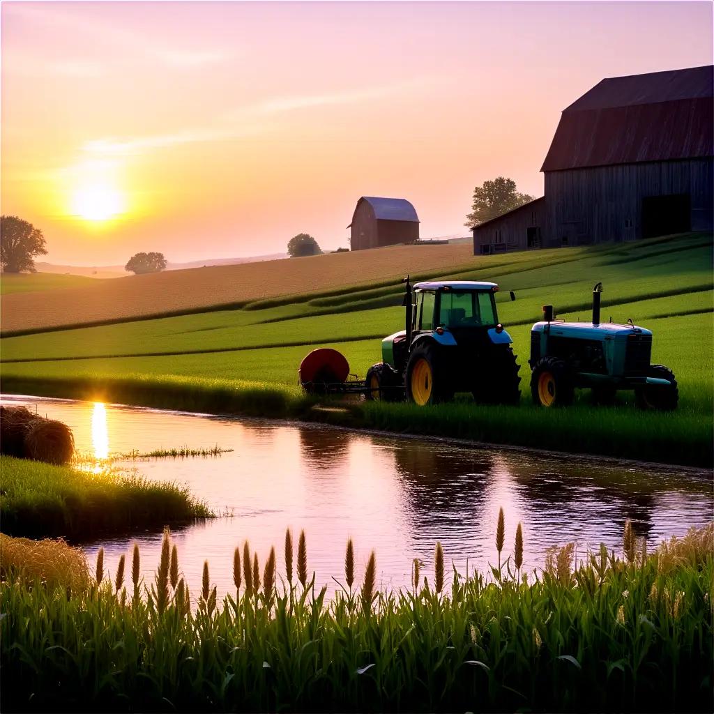 Farm equipment parked near a pond during the sunset