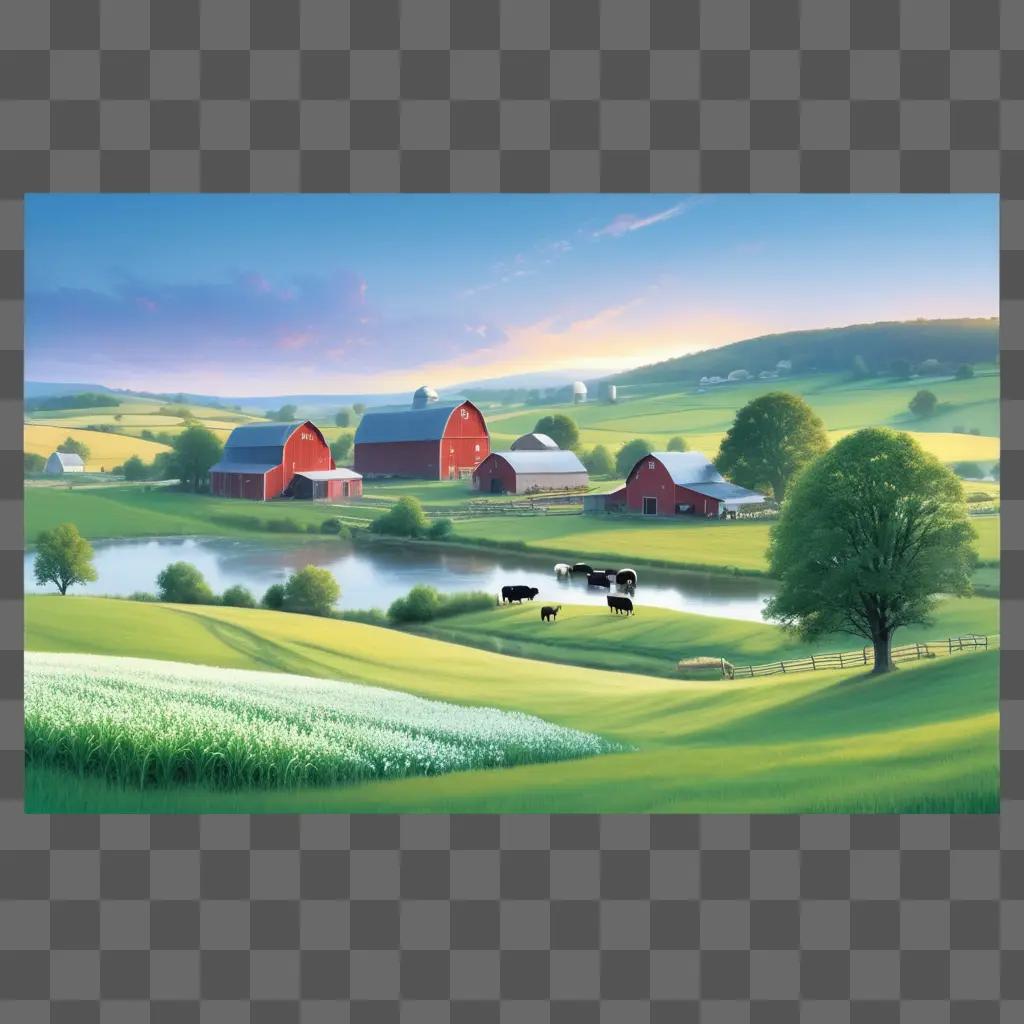 Farm scene with cows and horses