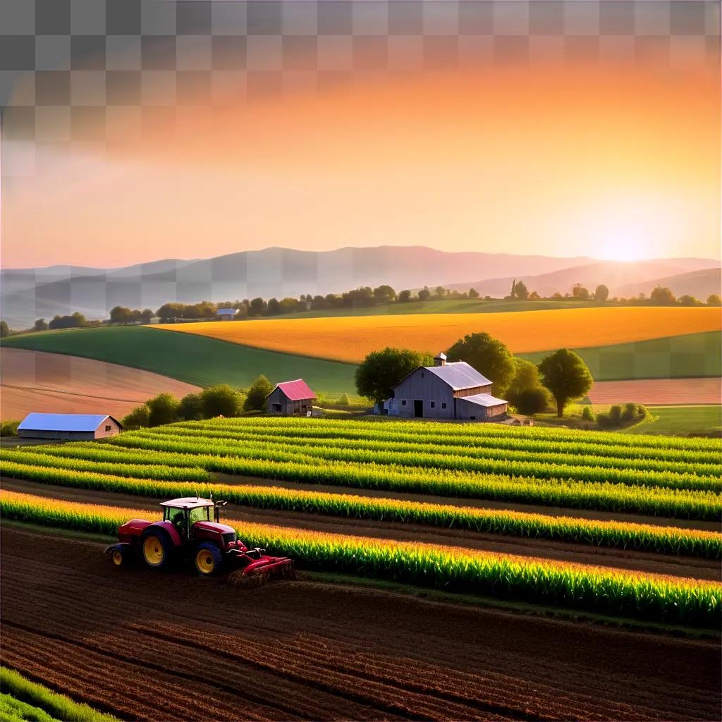 Farm tractor drives through farmland at sunset