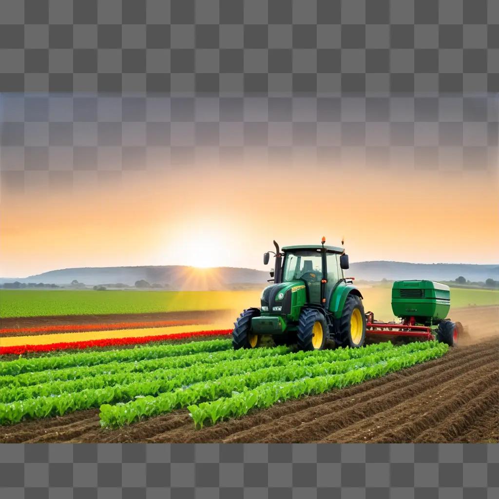 Farm tractor plowing and planting in the fields