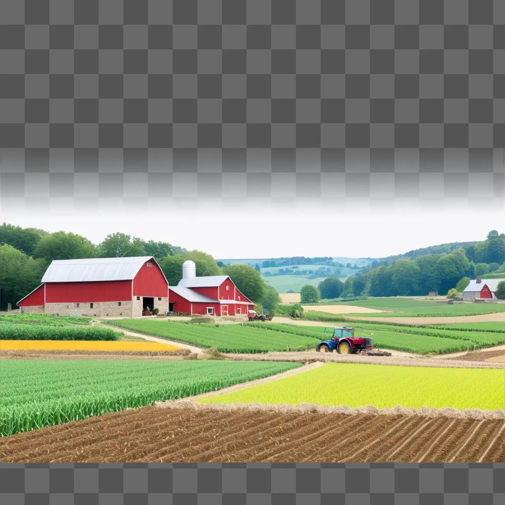 Farming land with red barn and tractor