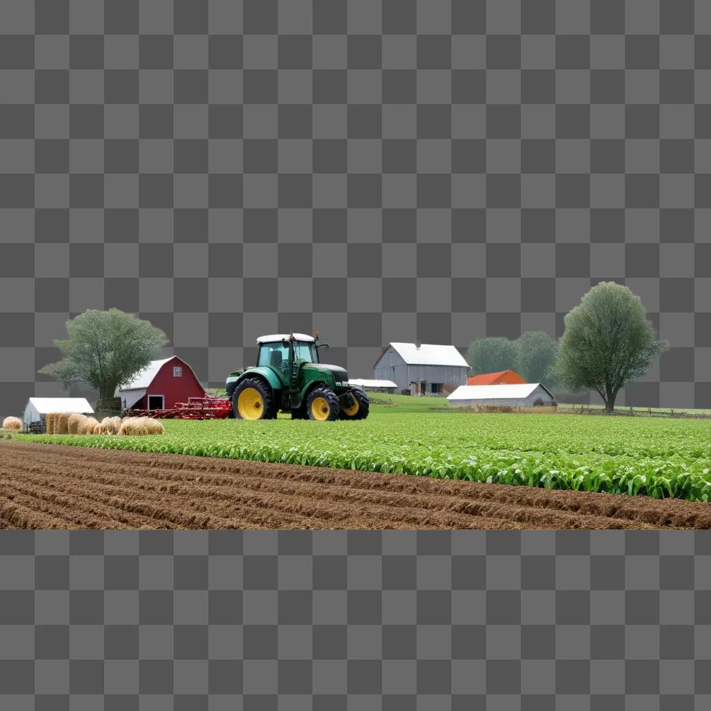 Farming tractor plowing field with hay bales