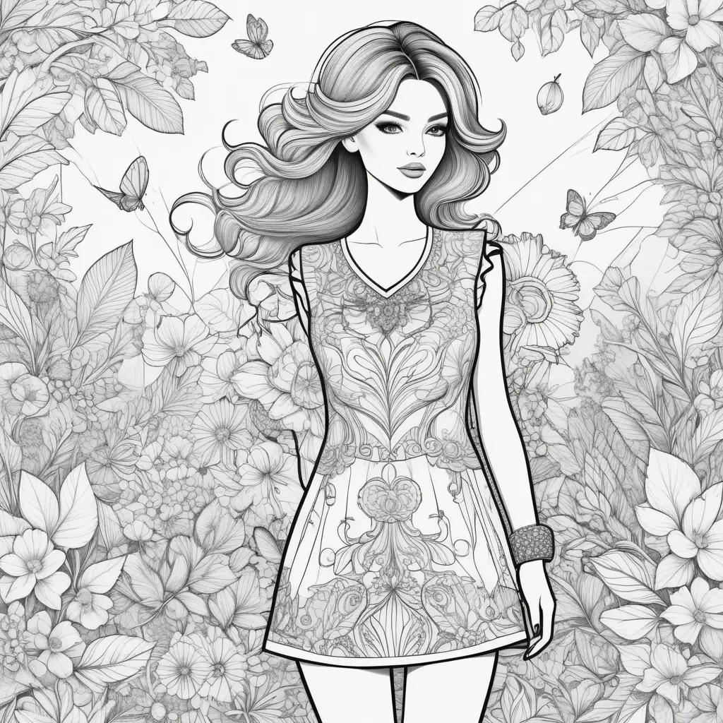 Fashion coloring pages: a woman in a dress surrounded by flowers