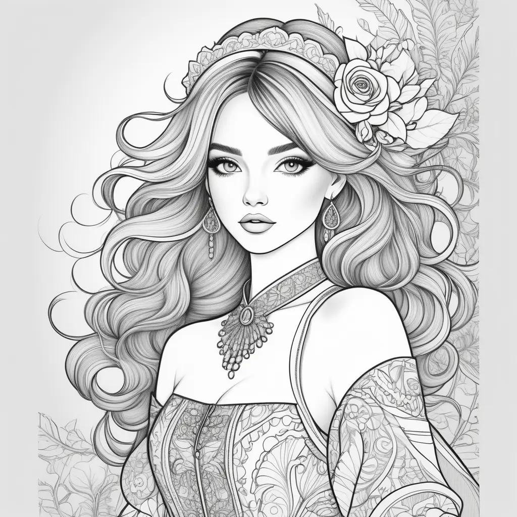 Fashion coloring pages featuring a beautiful woman with a flower crown