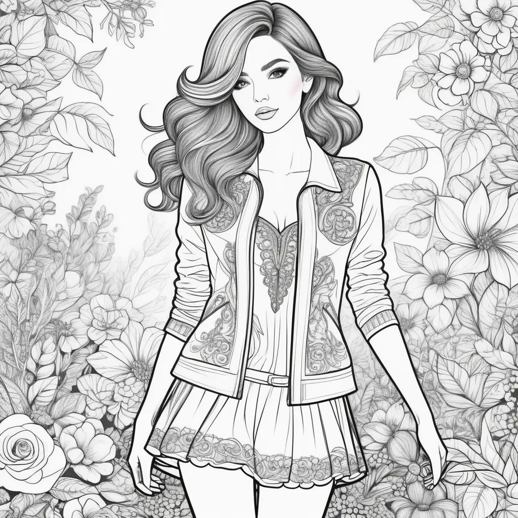 Fashion coloring pages featuring a girl in a jacket and skirt