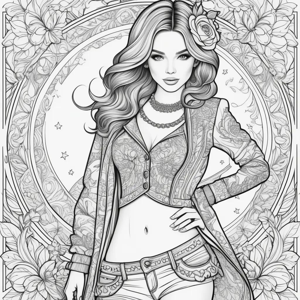 Fashion coloring pages featuring a woman in a flower-patterned jacket