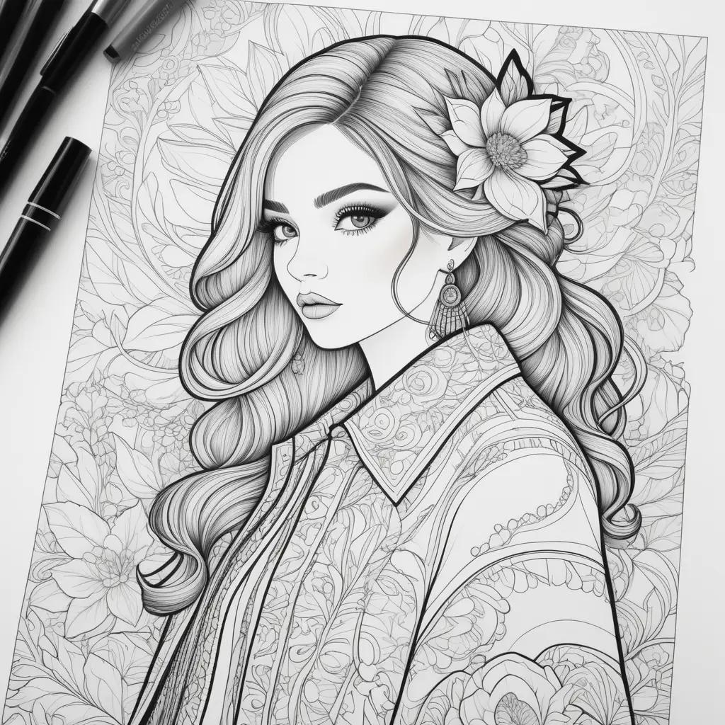 Fashion coloring pages featuring a woman with a flower