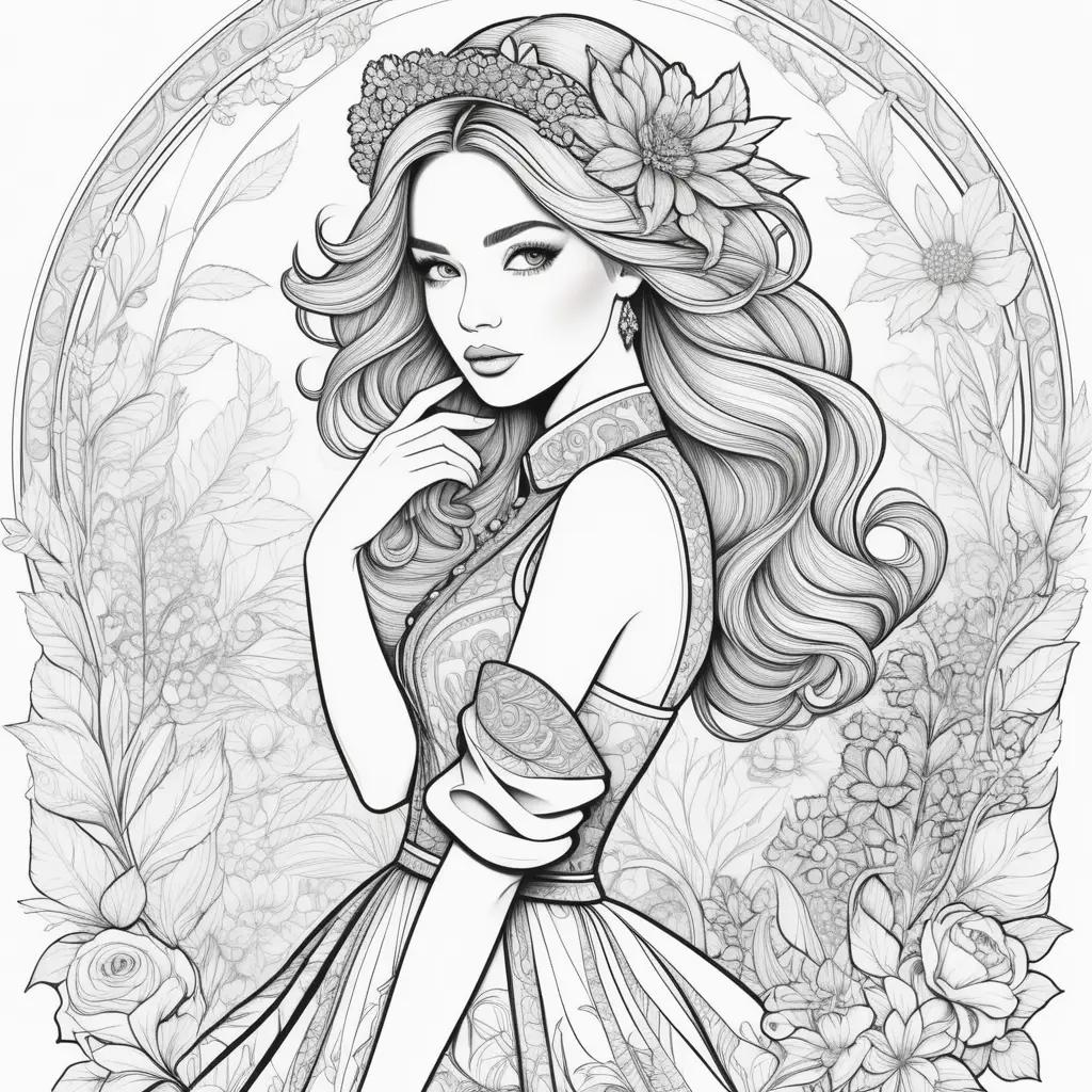 Fashion coloring pages featuring a woman with a flower crown