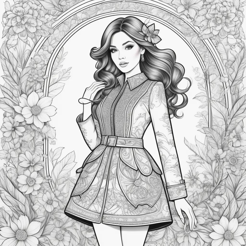 Fashion coloring pages with a girl and a dress