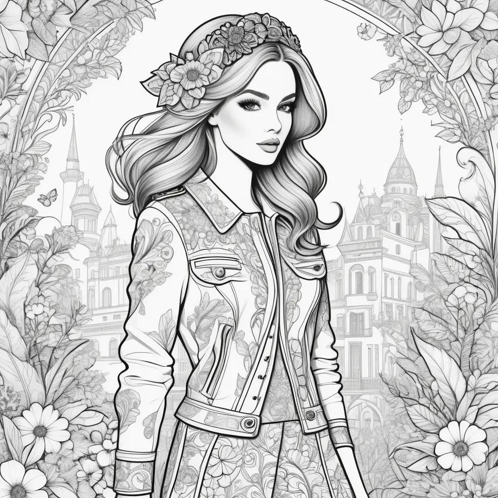 Fashion coloring pages with a girl in a flower dress