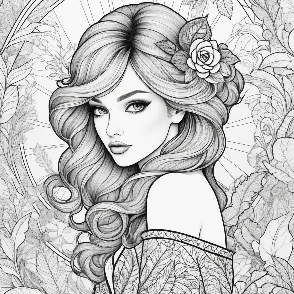 Fashion coloring pages with a girl wearing a flower crown