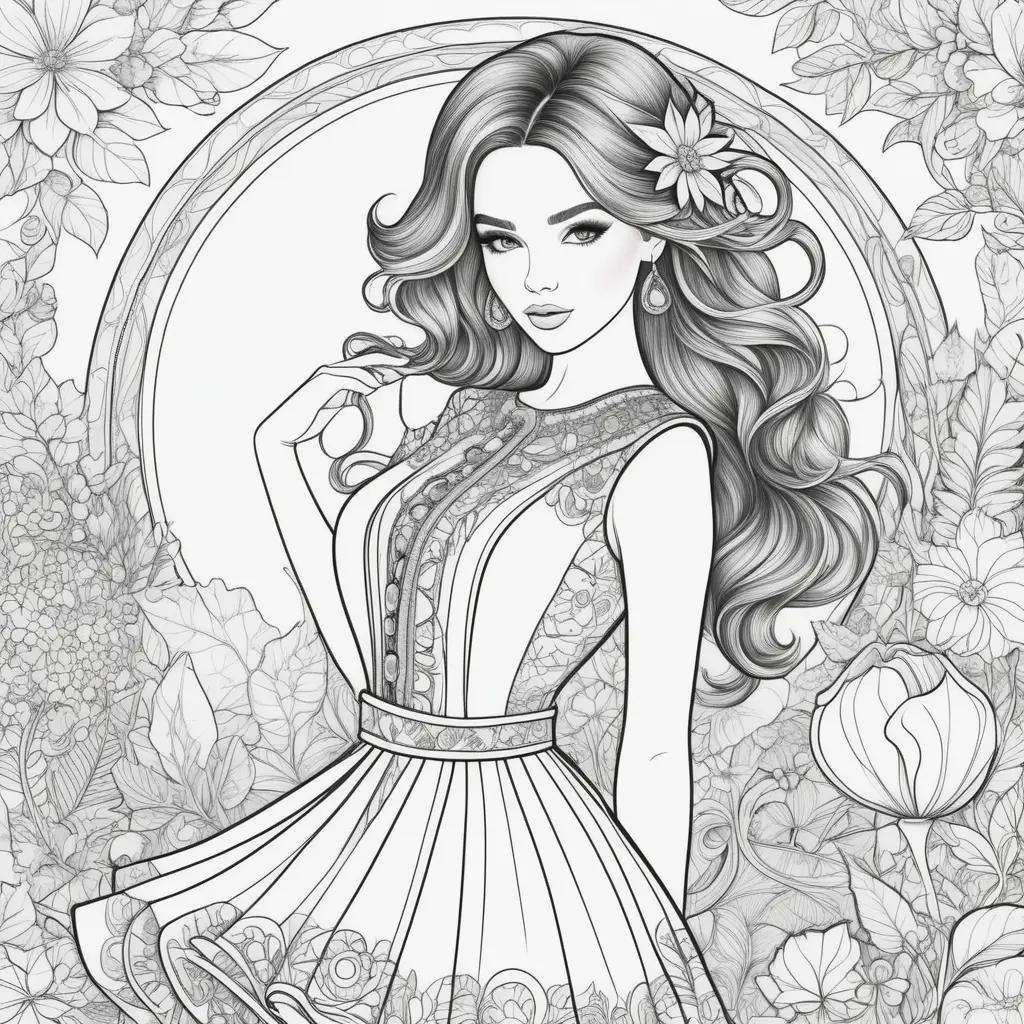 Fashion coloring pages with girl in dress