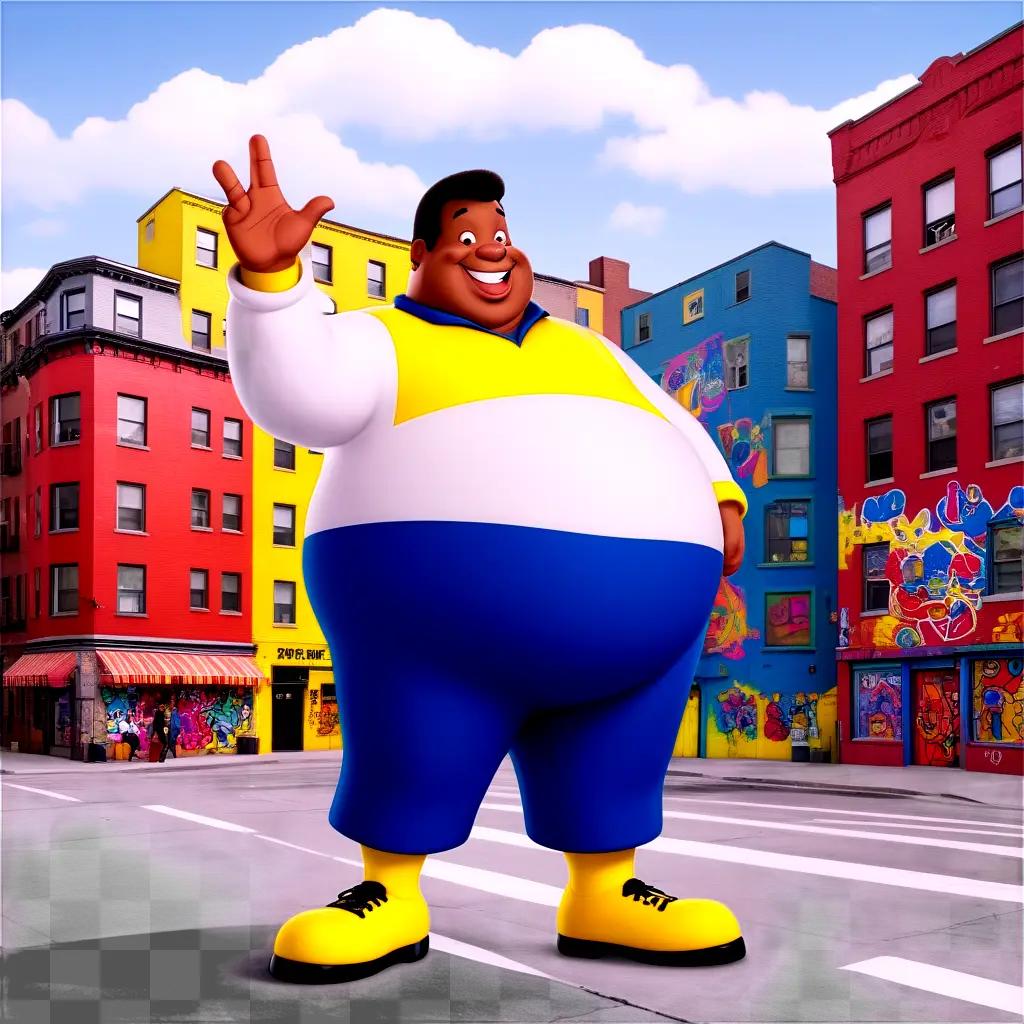 Fat Albert stands in front of colorful buildings