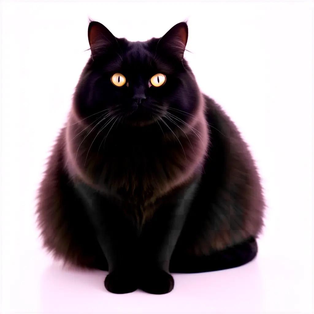 Fat black cat with yellow eyes sitting on white background