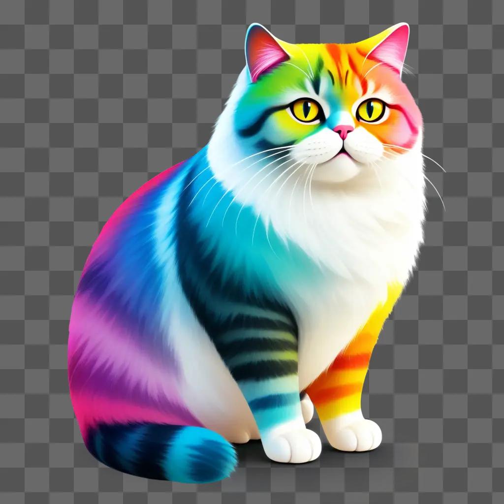 Fat cat with rainbow tail sitting on a gray background