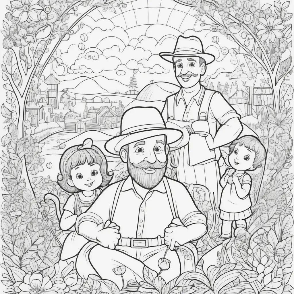 Fathers Day Coloring Page Featuring a Family in a Garden