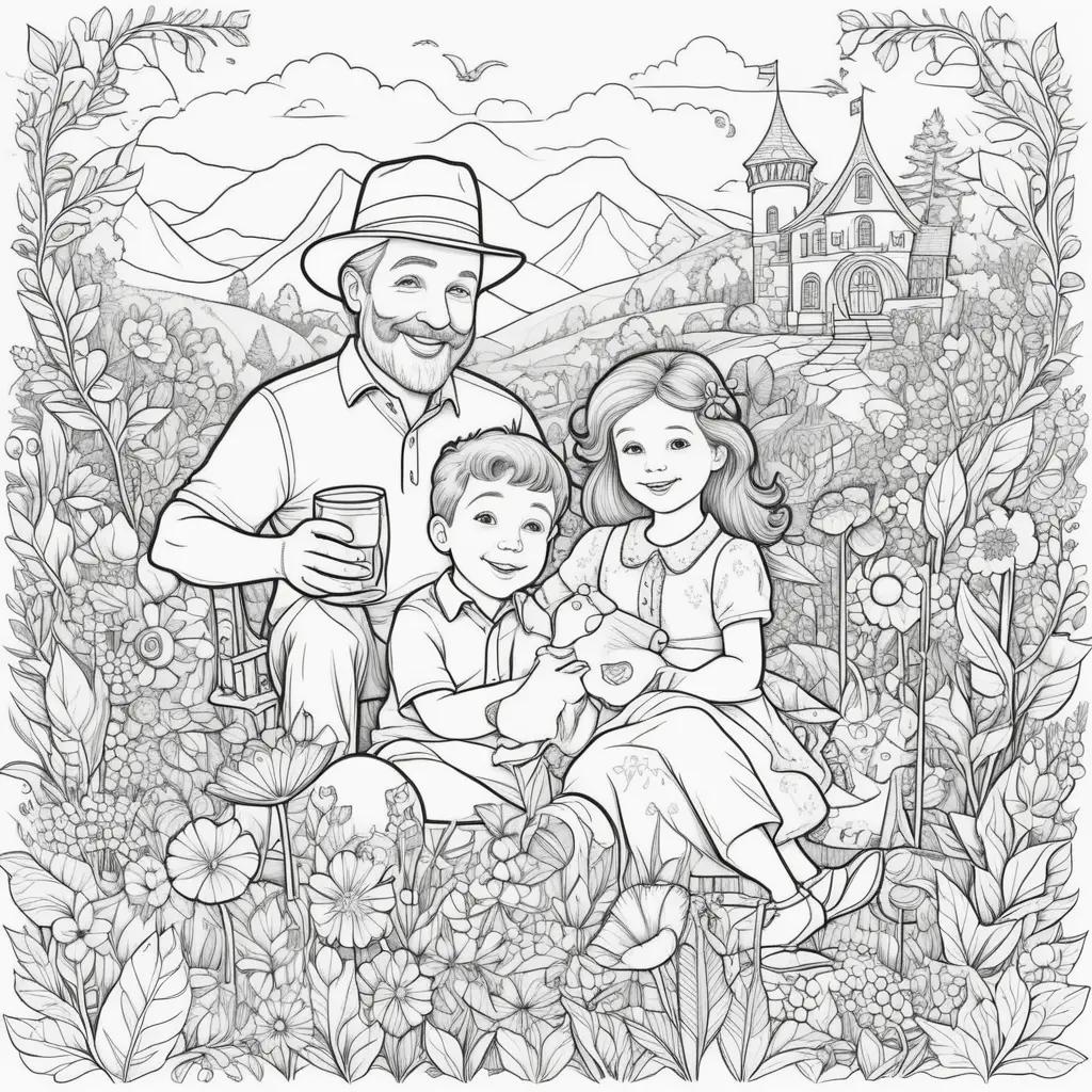 Fathers Day Coloring Page with a Man, Child, and Pet