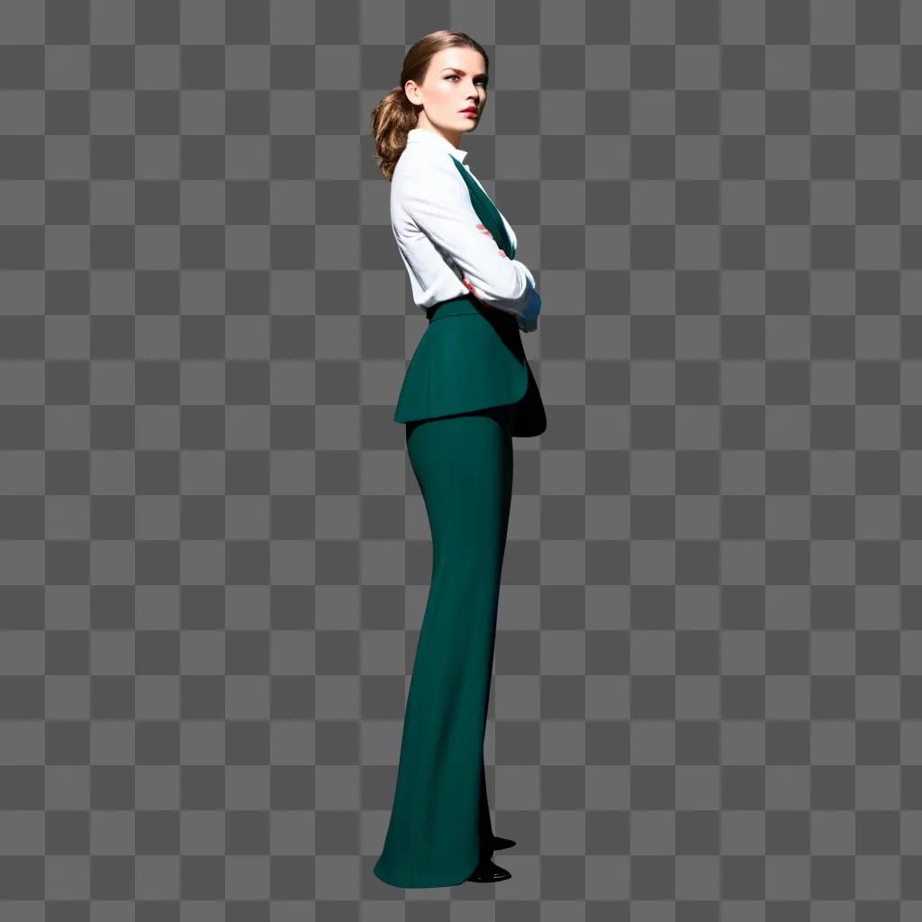 Fearless woman in green pants and suit