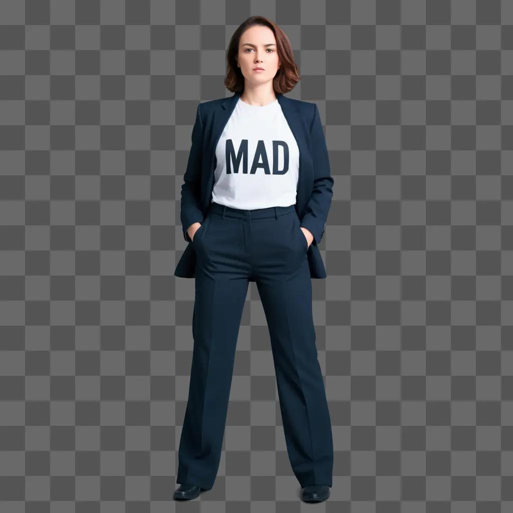 Female actor posing in a white shirt with the word mad on it