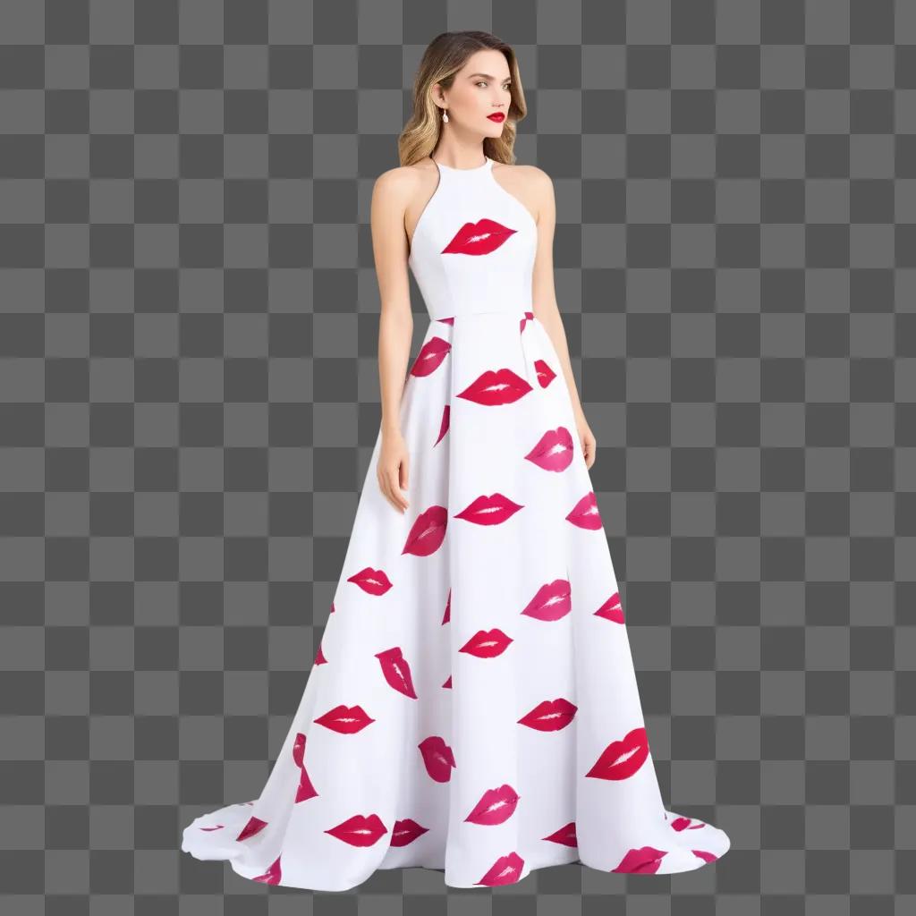 Female model wearing lipstick print dress