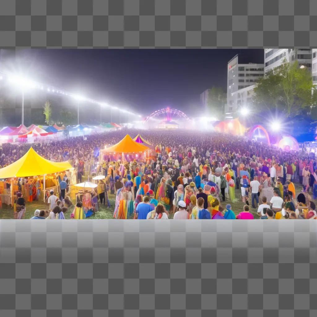 大勢の人とテントで賑わう夜の祭り