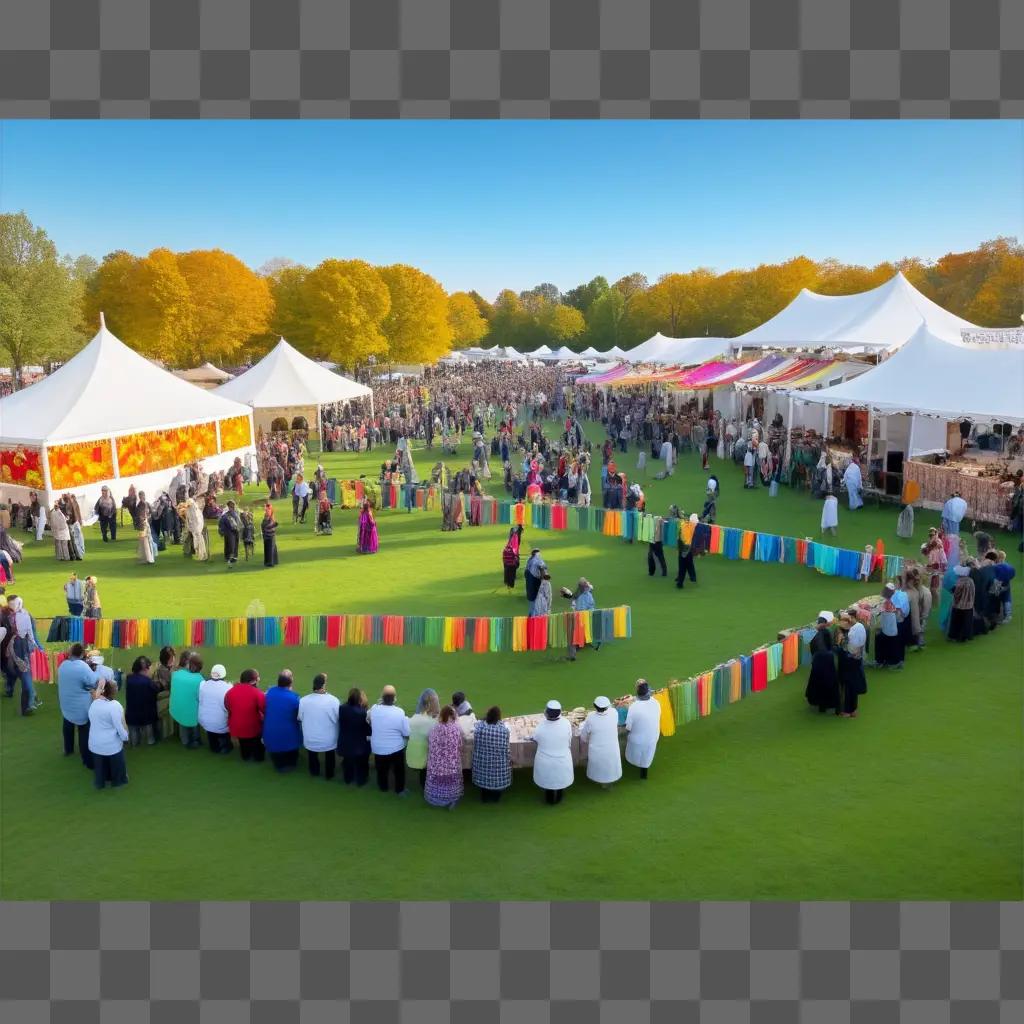 Festival crowd stands in a circle holding colorful cloth