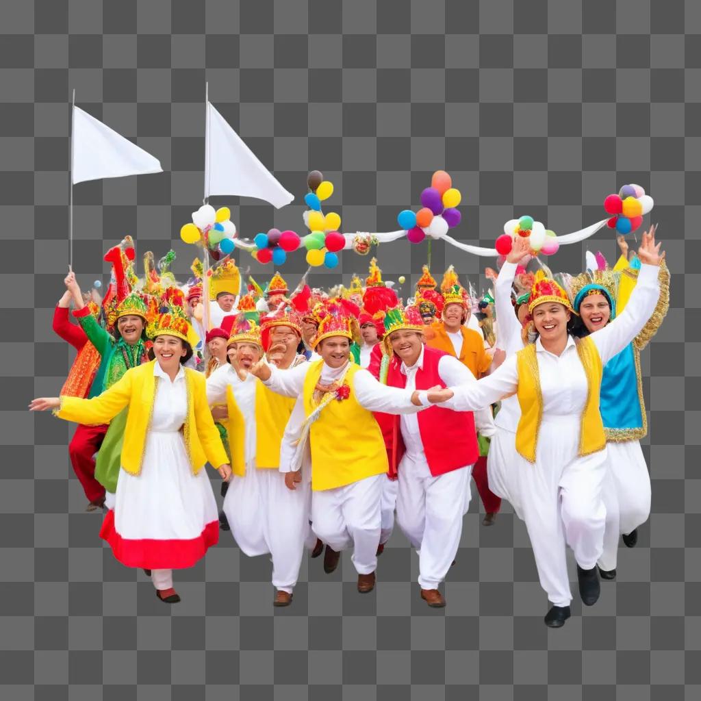 Festival parade of people wearing colorful outfits and hats