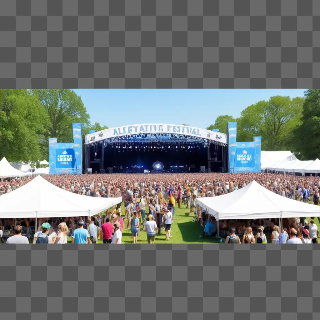 Festival with people in the grass and tents