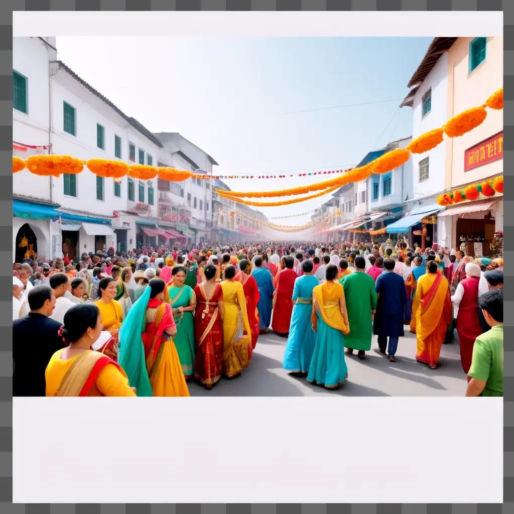 Festive parade of people in colorful saris on a street