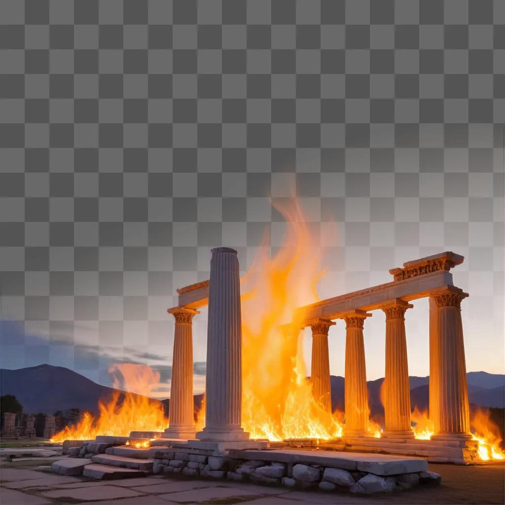 Fire burning through pillars in the temple